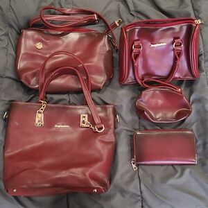 JingPinPiYu 5pc Set Deep Burgundy Ladies Bag Collection